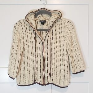 Athleta Vintage Crocheted Zip Up Hooded Sweater Cream Size Small Cotton